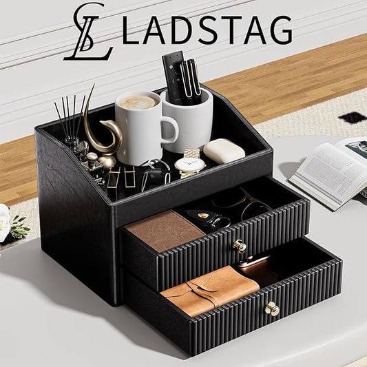 Office Supplies,Black Vegan Leather Office Organization with 2 Drawers & Tray,Glasses Holder with Gold-Tone Metal Accents Knob for End Tables,Bedside Table,Bedroom