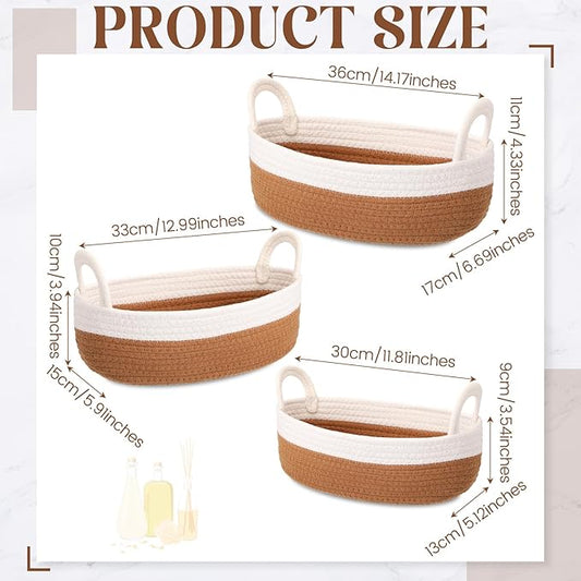3 Pcs 3 Sizes Storage Basket for Toilet Tank Top Rope Woven Organizer with Handle Boho Bathroom Toilet Paper Organizer for Shelf Living Room Farmhouse Home Decor(White and Brown)