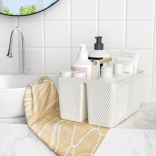 Xuhdukc Shower Caddy Portable and Cleaning Caddy Organizer for Bathroom, Kitchen,Toiletries Storage, Caddy organizer with handle, Rust-Resistant, Durable Material(Milky White, 9.36"L×7.73"W×7.24"H)