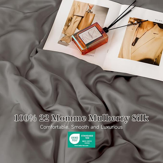 THXSILK 22 Momme 1 Pcs Silk Flat Sheet, 100% Top Grade Pure Mulberry Silk Bed Sheet Breathable Cooling Comfortable Safe Material Ultra Soft Bedding Durable (Twin, Charcoal)