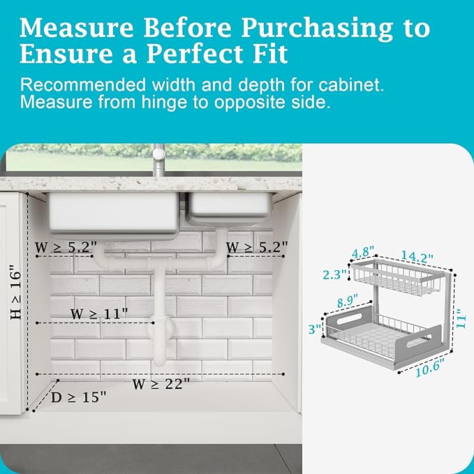 REALINN Under Sink Organizer, Pull Out Cabinet Organizer 2 Tier Slide Out Sink Shelf Cabinet Storage Shelves, Storage for Kitchen Bathroom, Grey, 2 Pack