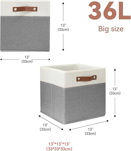 SNWDN 4 Pack Large Fabric Storage Baskets for Organizing Collapsible Fabric Storage Bins with Handles for Home and Office Organizing ((White/Grey 13x13x13 Inches)