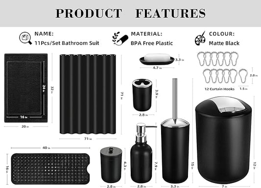 ALPIRIRAL Black Bathroom Accessories Set, 23Pcs Bath Accessory Sets Complete with Bathtub Mat, Shower Curtain Set with Hooks, Soap Dispenser, Toothbrush Holder, Qtip Holder, Trash Can, Toilet Brush