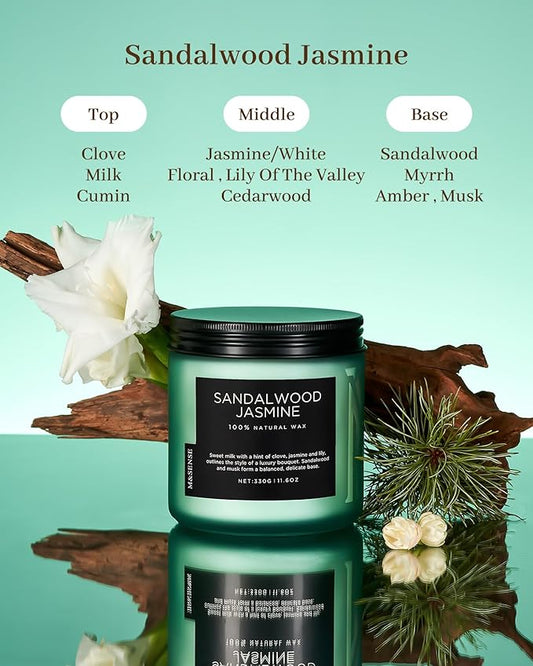 M&SENSE Sandalwood Jasmine Scented Candle, 11.6oz 70 Hours Burn Time Clean Non Toxic Natural Soy Wax Candle 2 Cotton Wick Home Decor for Mothers Day & Bathroom Bedroom