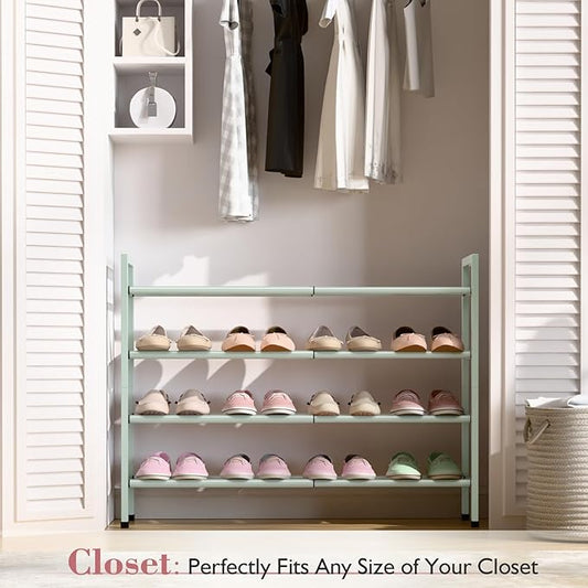 Bumusty 4-Tier Expandable Shoe Rack for Closet, 18“-33” Adjustable Shoe Rack for Small Space, Small Shoe Organizer for Front Door, Sturdy Metal, Green