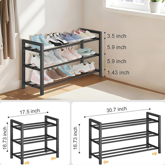 Detsuk 3-Tier Expandable Shoe Rack – Adjustable Heavy-Duty Metal Shoe Organizer Shelf for Closet, Entryway, Mudroom & Garage – Durable Freestanding Storage, Black
