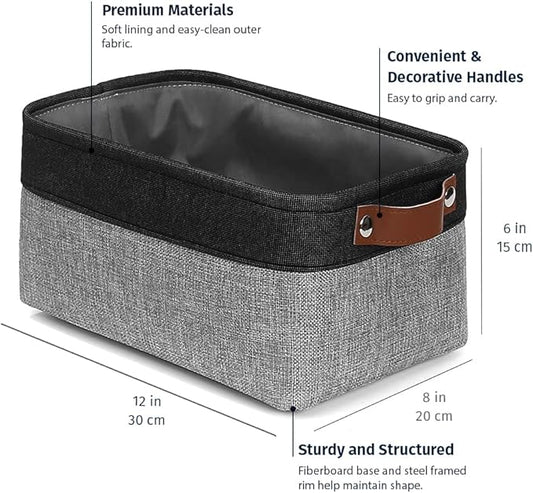 OrganiHaus Small Fabric Storage Baskets for Shelves 6 Pack, 12x8in Closet Storage Bins for Shelves, Cloth Baskets for Organizing, Linen Closet Organizers, Fabric Basket, Gray/Black