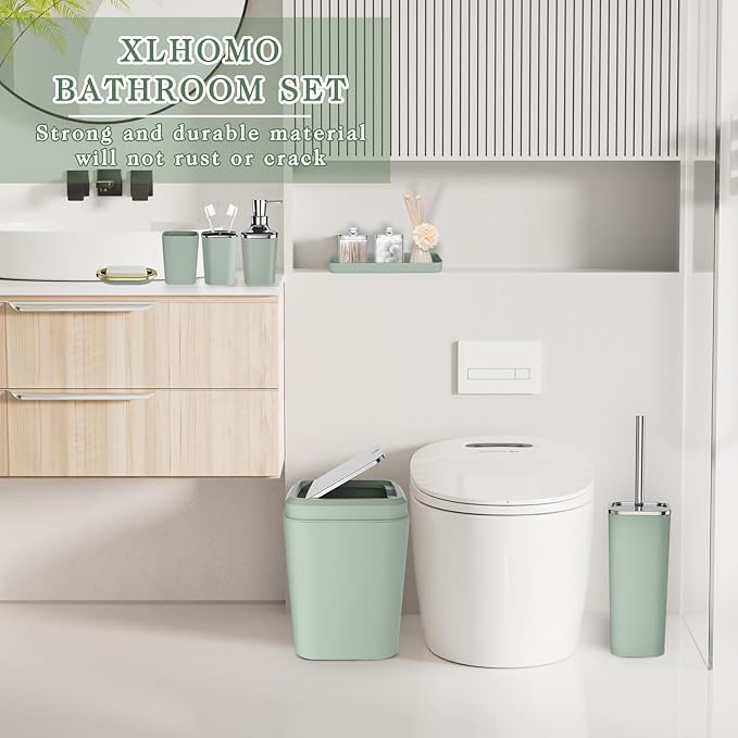 XLHOMO Bathroom Set, Sage Green Bathroom Accessories Set with Press-on Lid Bathroom Trash Can, Soap Dispenser, 10PC Bathroom Accessory Set for Home
