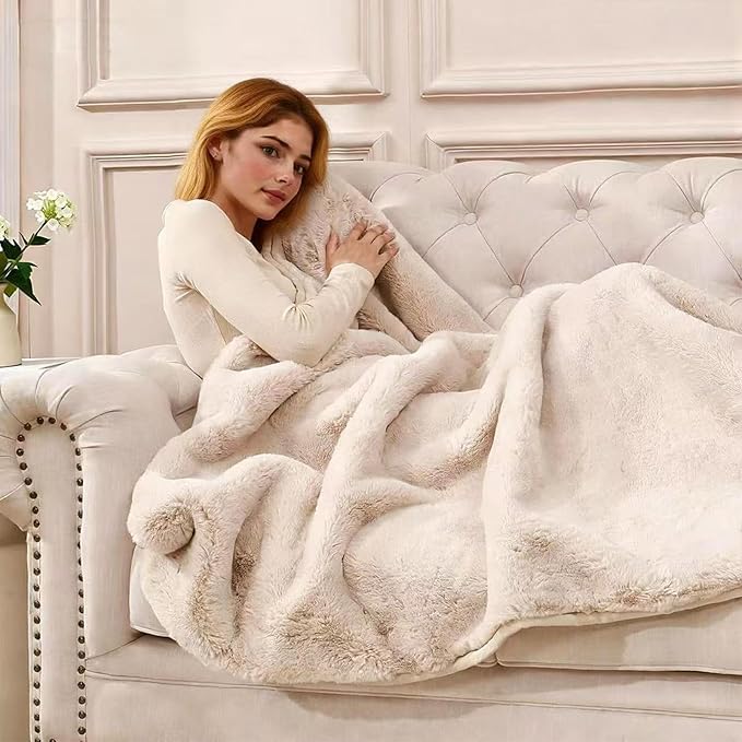 Faux Rabbit Fur Throw Blanket 880 GSM, Ultra Soft Thick Warm Bubble Plush, Reversible Throw for Couch Sofa Bed, Cozy Shaggy Blanket for Bedroom & Living Room(50''*60'',Camel)