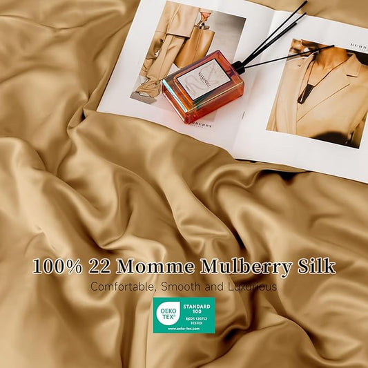 THXSILK 22 Momme 1 Pcs Silk Flat Sheet, 100% Top Grade Pure Mulberry Silk Bed Sheet Breathable Cooling Comfortable Safe Material Ultra Soft Bedding Durable (Queen, Metallic Gold)