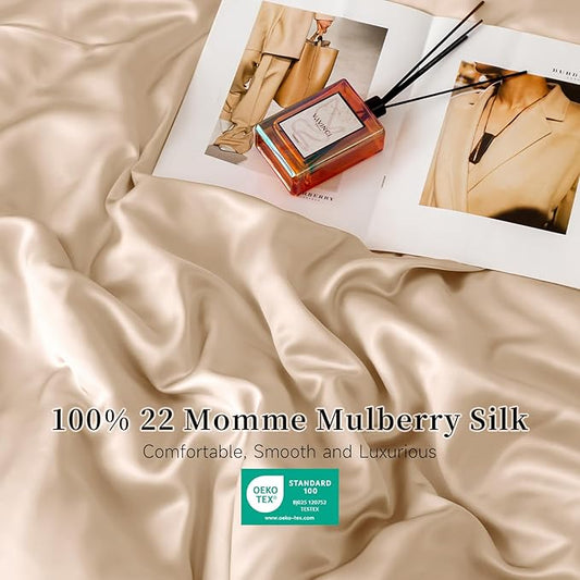 THXSILK 22 Momme 1 Pcs Silk Flat Sheet, 100% Top Grade Pure Mulberry Silk Bed Sheet Breathable Cooling Comfortable Safe Material Ultra Soft Bedding Durable (Twin, Champagne)