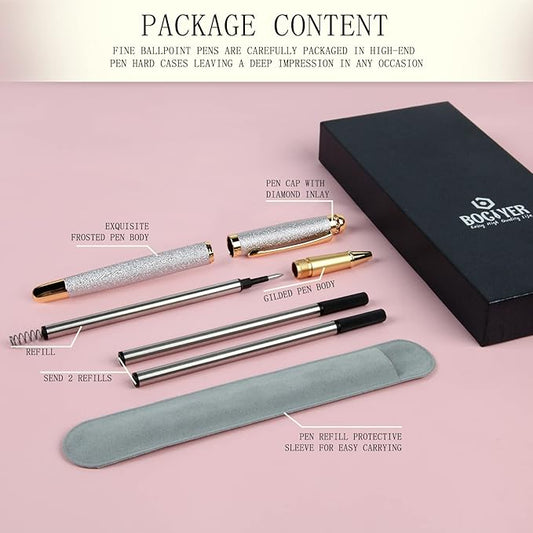 Rollerball Liquid Ink Pens,Best Luxury Ball Pen Gift Set for Men and Women,Black Ink Fancy Pen Refillable for Executive Office,Professional,pretty pens,cool pens,Nice cute Designer Pens-Silver