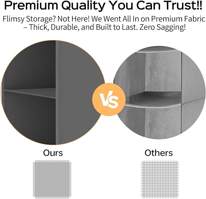 ALLTIDYUP Space-Saving Hanging Closet Storage Organizer – Dual-Row Foldable Shelves with 3 Hooks, 6-Tier Wardrobe Organizer for Dorm, Bedroom, Closet (Grey) | Storage, 12 Pockets, 3 Sturdy Hooks, Dorm Room Essentials