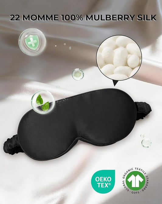 SilkSilky 100% 22 Momme Mulberry Silk Sleep Mask – Upgraded 3D Contoured Eye Mask with Nose Wing Pads & Adjustable Strap, Luxury Blackout Eye Cover for Women & Men (Black)
