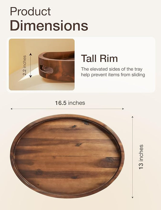 Acacia Oval Wooden Serving Tray with Handless - 16.5" x 13" Ottoman Table Oval Wooden Tray - Round Serving Tray - Ottoman Tray for Living Room, Coffee Table Decor, Serving Platter, Walnut color