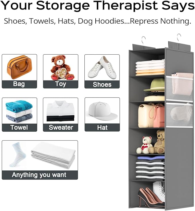 ALLTIDYUP Extra Deep Hanging Closet Organizer with 6 Shelves and Oversized Mesh Pockets, Heavy-Duty Structure, No Deformation, Max Storage for Clothes, Shoes, Hats, Dorms and RVs, Grey,1-Pack