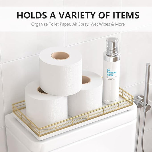 Toilet Paper Basket Organizer – Oak Wood Toilet Tank Tray with Metal Frame, Back of Tank or Top Bathroom Counter Storage – Gold & White Modern Decor