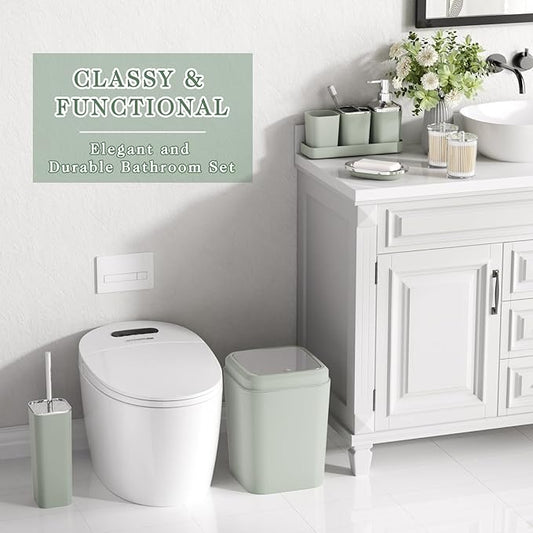 XLHOMO Bathroom Set, Sage Green Bathroom Accessories Set with Press-on Lid Bathroom Trash Can, Soap Dispenser, 10PC Bathroom Accessory Set for Home