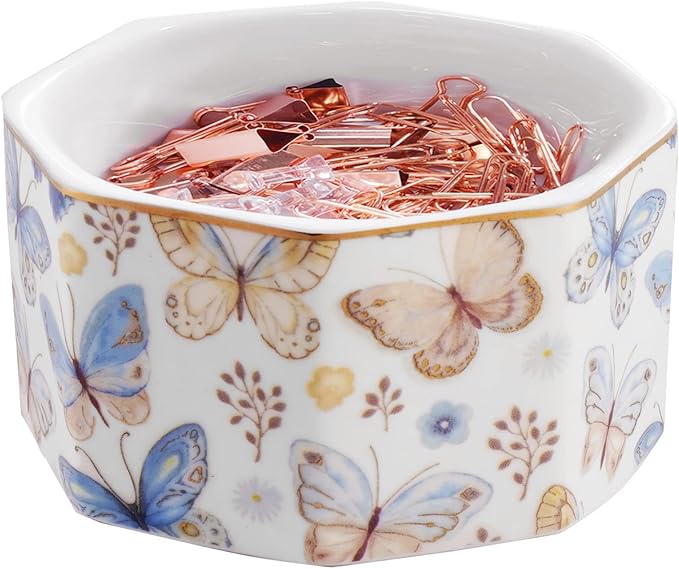 LEAZUL Ceramic Paper Clip Holder Gold Line Paper Clip Dispenser Organizer for Desk Cute Floral Butterfly Pattern Office Binder Clip Holder Bobby Pin and Hair Clip Holder Gift for Office Butterfly