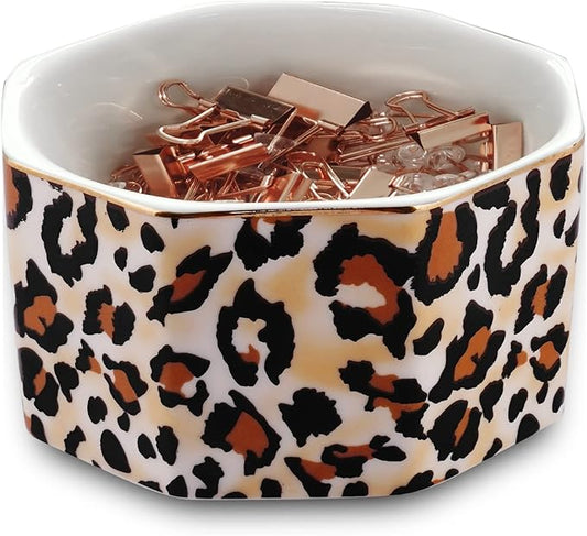 LEAZUL Ceramic Paper Clip Holder Gold Line Paper Clip Dispenser Organizer for Desk Cute Leopard Office Binder Clip Holder Bobby Pin and Hair Clip Holder Gift for Office Brown