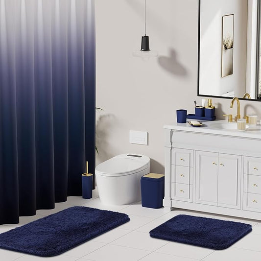 XLHOMO Bathroom Set - Navy Blue Bathroom Sets with Shower Curtain and Rugs, 24PCS Shower Curtain Set with Hooks, Soap Dispenser, Soap Dish, Toilet Brush Holder and Trash Can for Housewarming