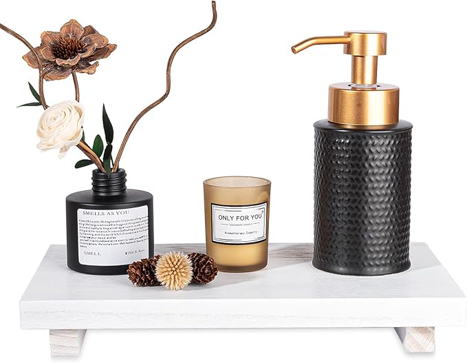 Small Wood Tray Pedestal Stand Farmhouse Bathroom Decor Decorative Wooden Riser Kitchen Soap Dish Holder for Vanity, Counter, Sink, Large 11.8" x 7" - White