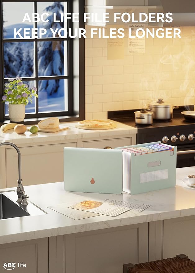 ABC life 26-Pocket Accordion File Organizer, Expanding File Folder, Letter/A4 Size Plastic Monthly Bill & Tax Receipt Holder with A-Z Tabs for Home, Office, Classroom - Sage Green