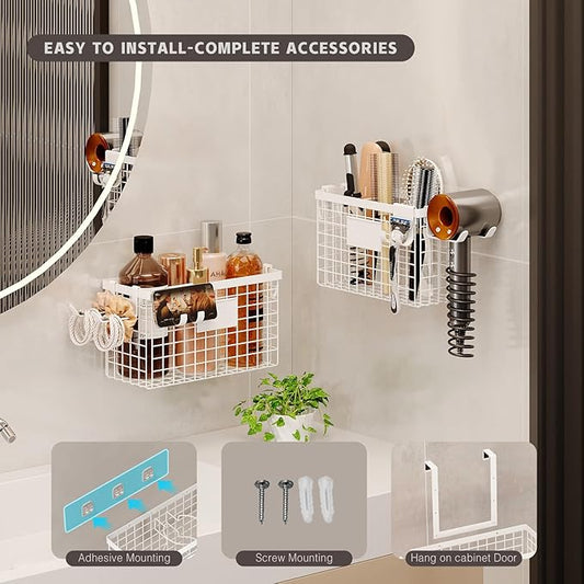 Magheo 2 Pack Hair Tool Organizer,Adhesive Hair Dryer Holder Cabinet Door/Wall Mounted Adjustable Height Blow Dryer Holder Under Sink Bathroom Hair Appliance Organizer and Storage Countertop(White)