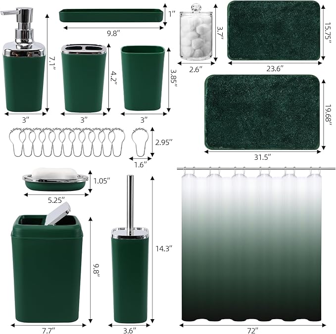 XLHOMO Dark Green Bathroom Accessories Set with Shower Curtain and No-Slip Bath Rugs,24PC Bath Sets with Trash Can, Toothbrush Holder, Cup, Soap Dispenser, Tray, Soap Dish, Toilet Brush, Qtip Holders