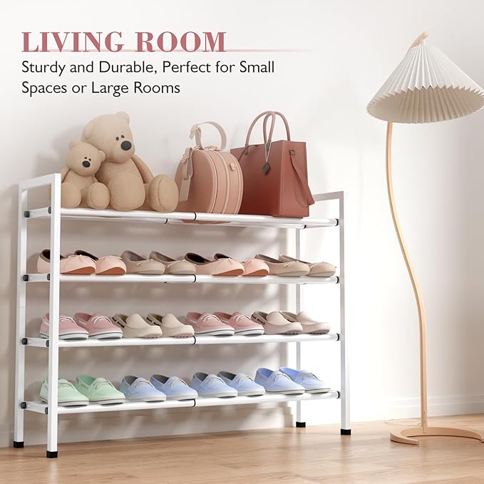 Bumusty 4-Tier Expandable Shoe Rack for Closet, 18“-33” Adjustable Shoe Rack for Small Space, Small Shoe Organizer for Front Door, Sturdy Metal, White
