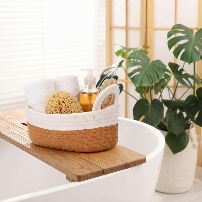 3 Pcs 3 Sizes Storage Basket for Toilet Tank Top Rope Woven Organizer with Handle Boho Bathroom Toilet Paper Organizer for Shelf Living Room Farmhouse Home Decor(White and Brown)