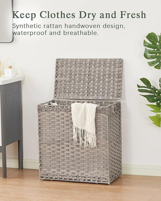 SETVSON Laundry Hamper with Lid Wicker Laundry Basket 112 L (29.6 Gal) Laundry Hampers Handwoven Rattan Clothes Hamper with Handles 3 Removable Liner Bag, 6 Mesh Bags for Bathroom Bedroom Gray