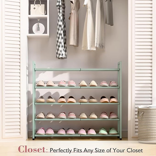 Bumusty 5-Tier Expandable Shoe Rack for Closet, 18“-33” Adjustable Shoe Rack for Small Space, Small Shoe Organizer for Front Door, Sturdy Metal,Green