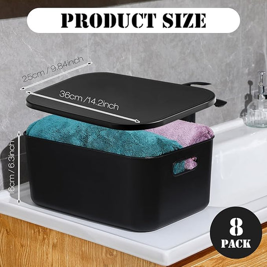 Hoolerry 8 Pieces Colorful Storage Bins with Lid, Plastic Storage Basket Organizing Container Stackable Box with Handle for Shelves Desktop Playroom Office(13.8 x 9.8 x 5.9 Inch,Black)