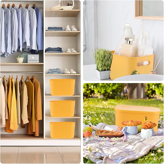 Hoolerry 8 Pieces Colorful Storage Bins with Lid, Plastic Storage Basket Organizing Container Stackable Box with Handle for Shelves Desktop Playroom Office(10.2 x 7 x 6.3 Inch,Yellow)