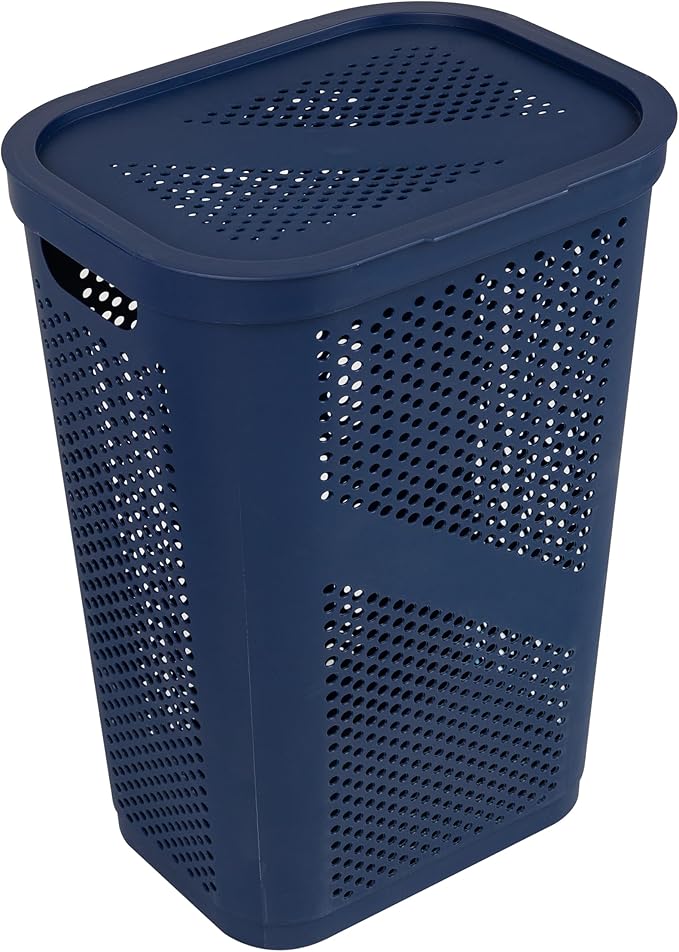 Mind Reader Slim Laundry Hamper with Lid, 60L Clothes Basket, Ventilated Plastic, Navy