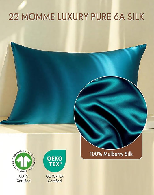 SilkSilky 100% Mulberry Silk Pillowcase - Pure 22 Momme High-Grade 6A Fibers for Hair & Skin, Envelope Closure, Natural, Organic, Breathable & Cooling Pillow Case (King, Teal)
