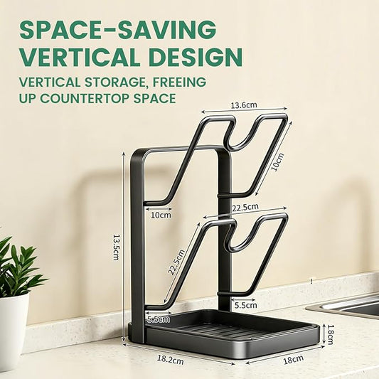 Hlonns Kitchen Pot Lid Storage Rack, Double Layer Pot Lid Organizer Rack & Holder While Cooking, Metal Pot Lid Stand with Spoon Rest and Removable Drip Tray, Space-Saving Design (Gray, 2)