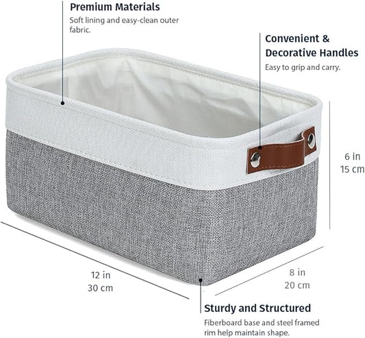 OrganiHaus Small Fabric Storage Baskets for Shelves 3 Pack, 12x08in Closet Storage Bins for Shelves, Canvas Baskets for Organizing, Linen Closet Organizers, Cloth Basket, Gray/Off-White