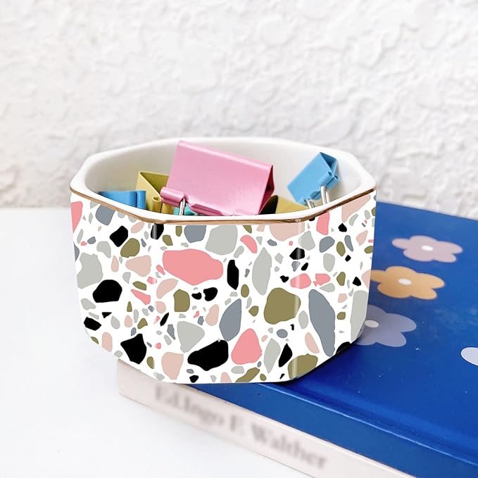 LEAZUL Ceramic Paper Clip Holder Gold Line Paper Clip Dispenser Organizer for Desk Cute Terrazzo Marble Pattern Office Binder Clip Holder Bobby Pin and Hair Clip Holder Gift for Office Pink