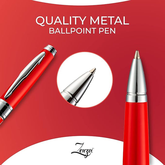ZenZoi Red Ballpoint Pen Set. Elegant Executive Pen for Men or Women. High End Pen Gift Box w/Luxury Pen & 2 Gel Ball Point (Blue & Black) Refills. Smooth Writing Pen (Red)
