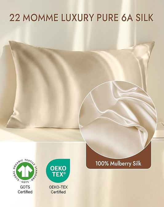 SilkSilky 100% Mulberry Silk Pillowcase - Pure 22 Momme High-Grade 6A Fibers for Hair & Skin, Envelope Closure, Natural, Organic, Breathable & Cooling Pillow Case (Queen, Beige)