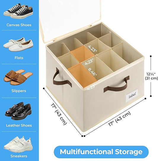 Cupic Cupid 2 Pack Shoe Organizer for Closet, Fits up to 12 Pairs, Shoe Cubby Storage Containers with Clear Cover, Oatmeal
