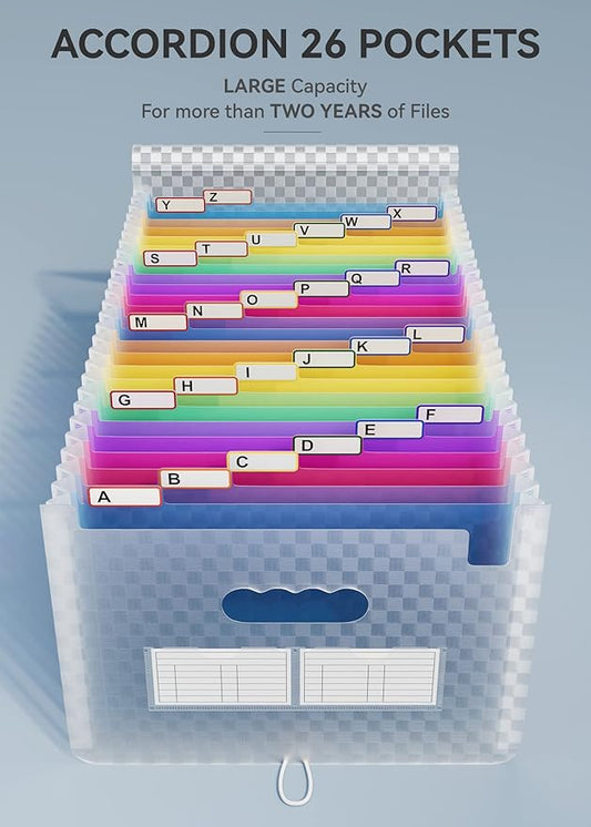ABC life 26 Pockets Accordion File Organizer, Expanding File Folder, Portable Monthly Paper Bill Tax Receipt Organizer, Letter A4 Size Document Organizer with Labels - Blue