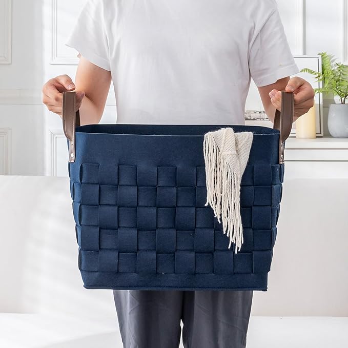 boldmonkey Blankets Baskets 15 " x13 x11 2 Pack, Large Rectangular Toys Baskets with Leather Handle, Soft Baby Nursery Basket for Storage-Navy Blue