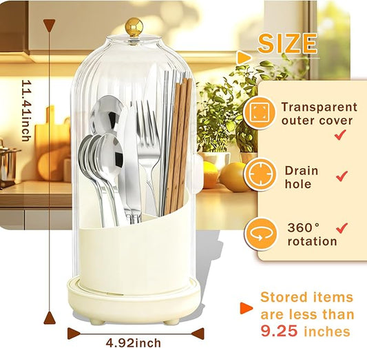 Kitchen Utensil Holder with Sliding Lid and Draining Tray, Self Draining 360° Rotating 3-Slot Kitchen Countertop Organizer Cooking Utensil Crock for Flatware Chopsticks Spoon Spatula Cutlery (White)