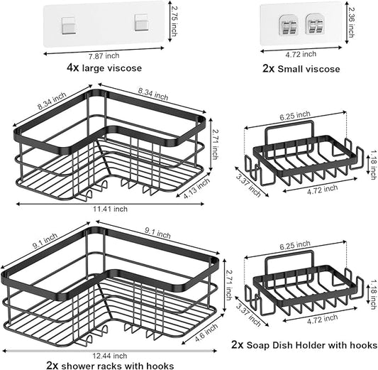 Yazoni Corner Shower Caddy, 4-Pack Adhesive Shower Shelves with Soap Holder No Drilling, Rustproof Bathroom Shower Organizer Storage, Black