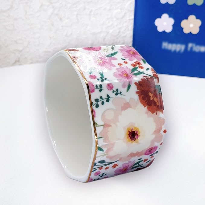 LEAZUL Ceramic Paper Clip Holder Gold Line Paper Clip Dispenser Organizer for Desk Cute Floral Pattern Office Binder Clip Holder Bobby Pin and Hair Clip Holder Gift for Office (White Pink)