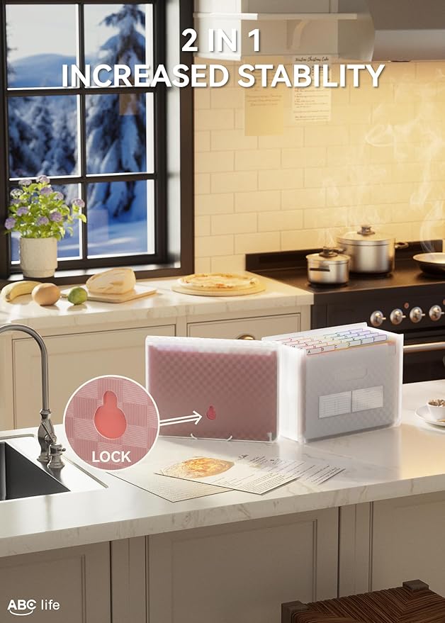 ABC life 26 Pockets Accordion File Organizer, Expanding File Folder, Portable Monthly Paper Bill Tax Receipt Organizer, Letter A4 Size Document Organizer with Labels - Pink