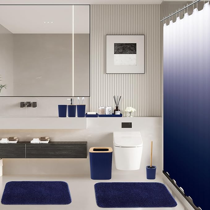 XLHOMO Bathroom Accessory Set–Bathroom Sets with Shower Curtain and Rugs, No Slip Bathroom Rugs Super Absorbent, Blue Ombre Water-Proof Shower Curtain with Hooks, Blue Bathroom Sets Complete for Home